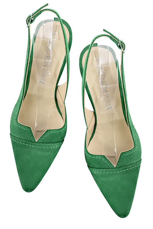Emerald green women's slingback shoes. Tapered toe. Medium spool heels. Top view - Florence KOOIJMAN